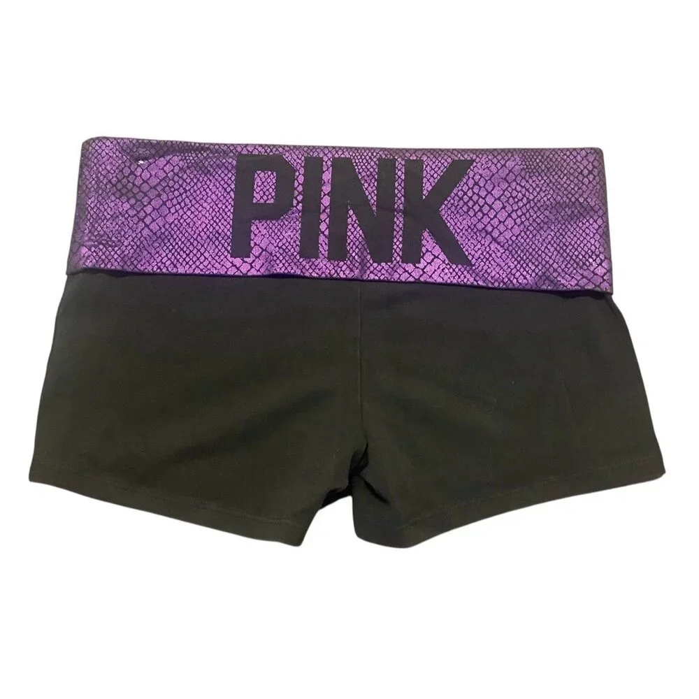VS‎ PINK Yoga Shorts Foldover Black Purple Snake Animal Print Y2K Vtg Size M
